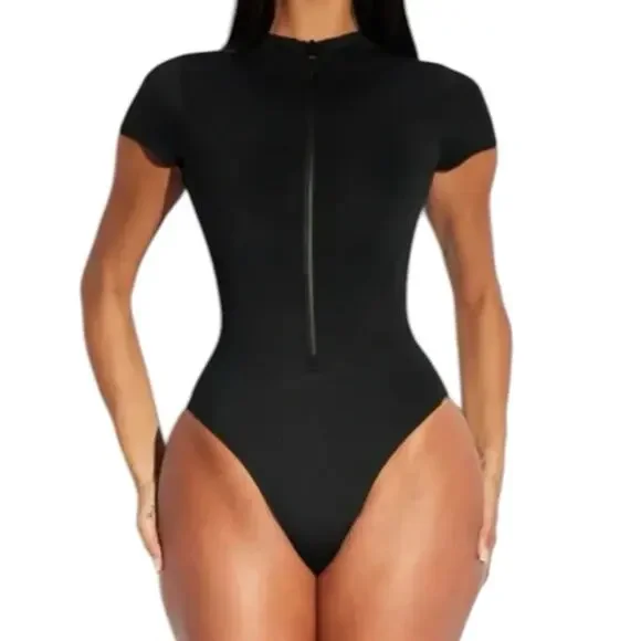 NWT TA3 Short Sleeve Surfy One Piece Corset Swimsuit Black Medium Short - Picture 2 of 11